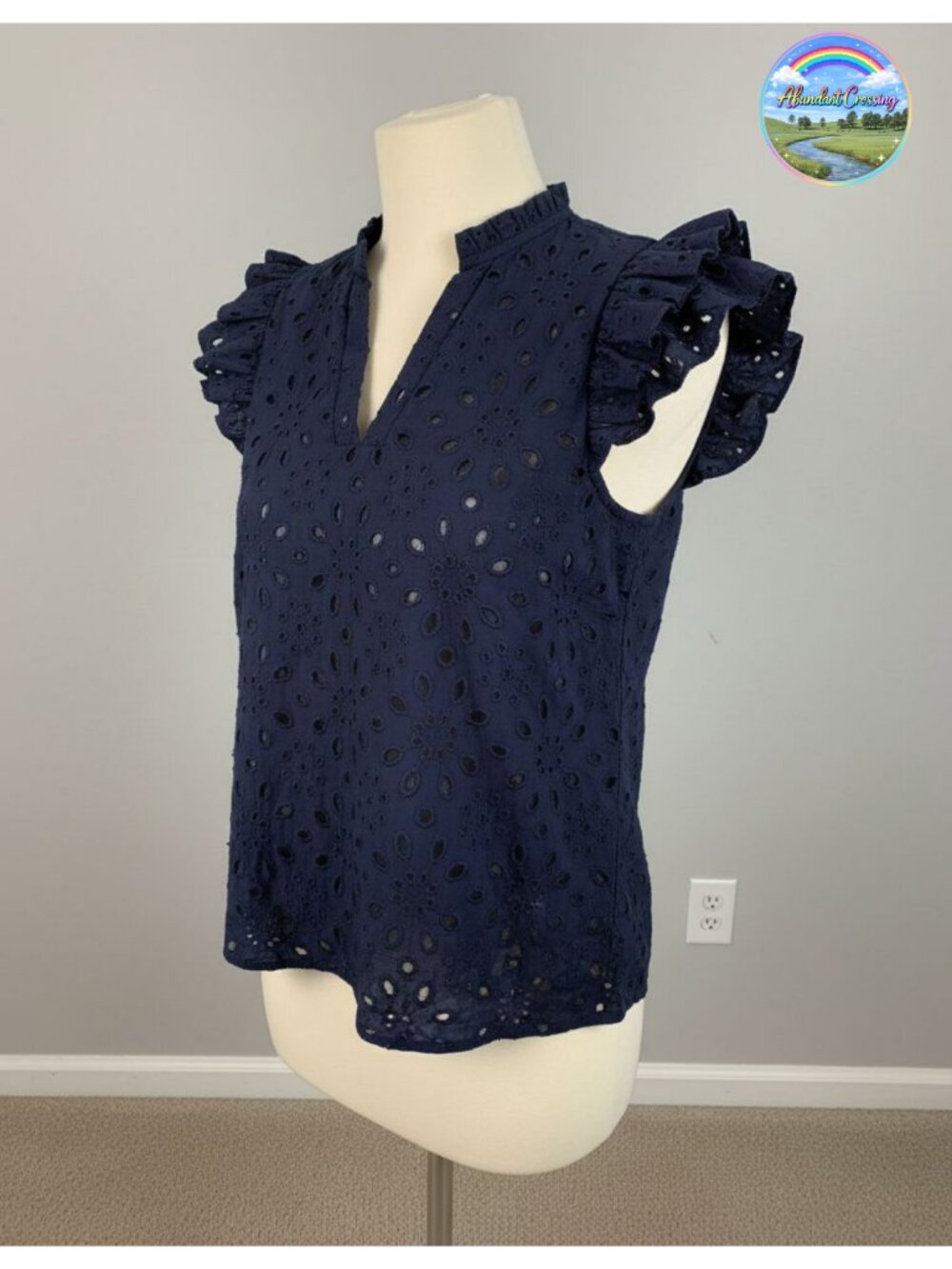 Eyelet Embroidered Blouse V Neck Ruffle Cap Sleeve Dressy Casual Top